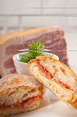 Image showing ciabatta panini sandwich with parma ham and tomato