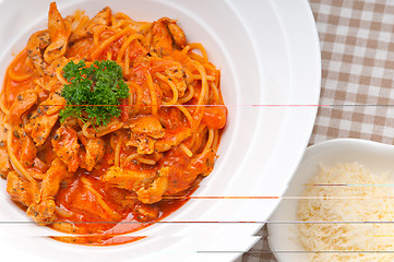 Image showing Italian spaghetti pasta with tomato and chicken