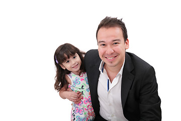 Image showing father and young daughter. Isolated on white background.  Focus 