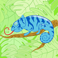 Image showing Chameleon on a branch against leaves, vector illustration