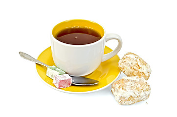 Image showing Tea with baursaks and lokum