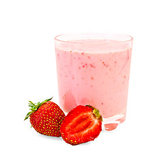 Image showing Milk shake with whole strawberries and cut