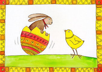 Image showing Easter card, child's drawing, watercolor painting on canvas paper