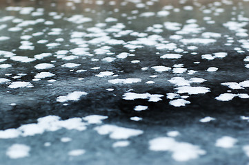 Image showing Frozen river with ice and sun reflection. Selective focus.