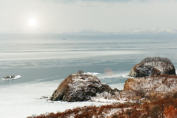 Image showing Beautiful scenic view of coast Japanese sea in winter.