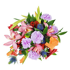 Image showing colorful floral bouquet from roses,cloves and orchids isolated o