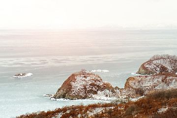 Image showing Beautiful scenic view of coast Japanese sea in winter.