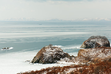 Image showing Beautiful scenic view of coast Japanese sea in winter.