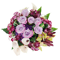 Image showing floral bouquet from roses, lilies and orchids isolated on white 