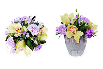 Image showing colorful floral bouquet of roses,cloves and orchids isolated on 