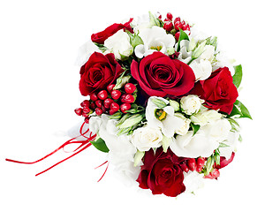 Image showing Flower wedding bouquet from white and red roses isolated on whit