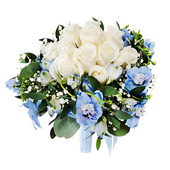 Image showing Floral wedding bouquet from white roses and delphinium isolated 