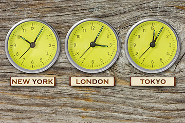 Image showing three watches on wooden wall