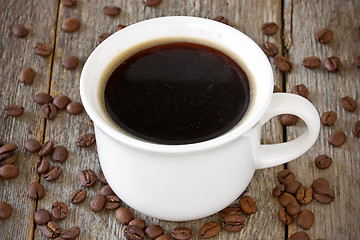 Image showing cup of coffee on wood background