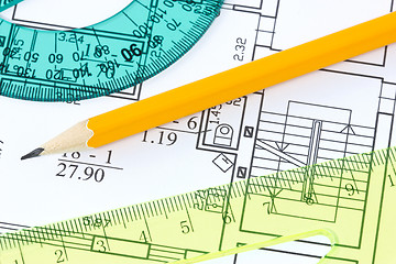 Image showing  rulers and pencil on architectural  blueprint 