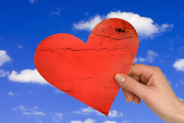 Image showing hand with heart on sky background