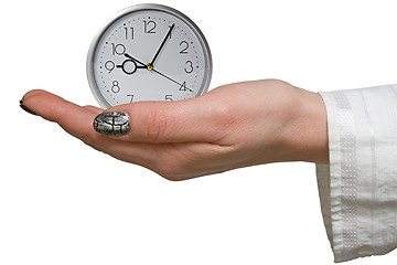 Image showing silver clock in a woman hand