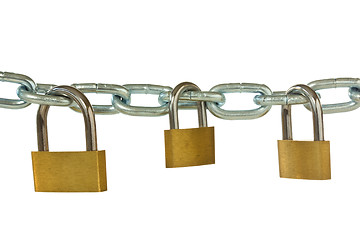 Image showing three padlocks hung on metal chain