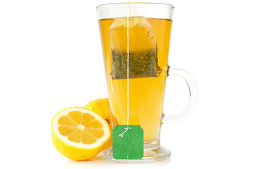 Image showing Glass cup of tea with lemon 