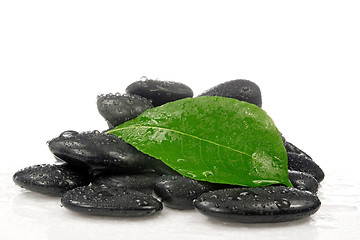 Image showing zen stones with a green leaf