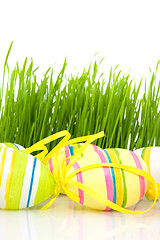 Image showing multicolored easter eggs and green  grass