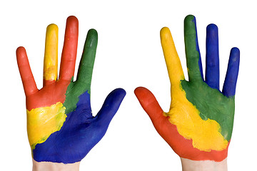 Image showing Child hands painted in colorful paints