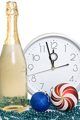 Image showing champagne, baubles and clock face