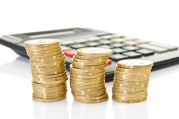 Image showing calculator and three stacks of coins