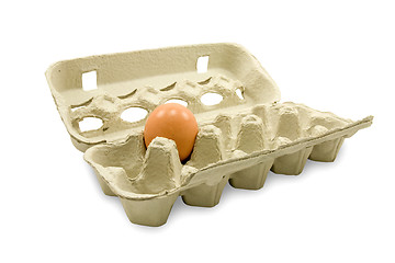 Image showing open eggs cardboard with one egg