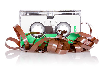 Image showing Audio cassette with pulled out tape