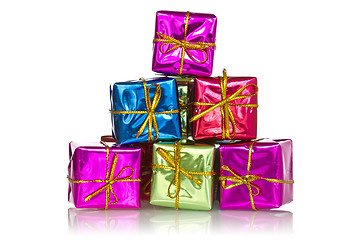 Image showing Pyramid made from color gift boxes