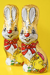 Image showing Colorful chocolate easter bunnies