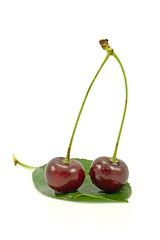 Image showing cherries on a green leaf