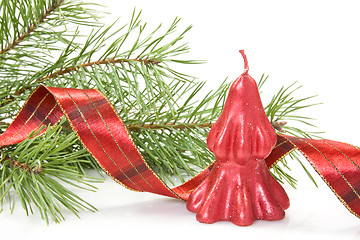 Image showing red christmas candle and pine branch