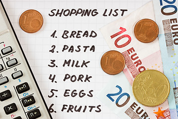 Image showing shopping list with calculator and money