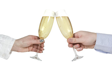 Image showing Two hands with champagne glasses