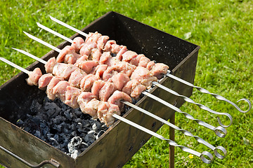 Image showing meat pieces cooking on a skewer