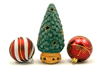 Image showing christmas tree and  baubles on white background