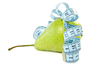 Image showing pear wrapped by blue measure tape