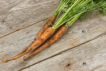 Image showing dirty  carrots on wooden background