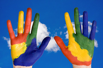 Image showing painted hands on blue sky background