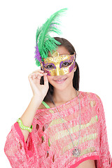 Image showing Portrait of attractive beautiful teenager wearing carnival mask 