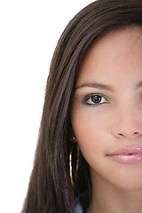 Image showing Half face beautiful young woman, on white background. 