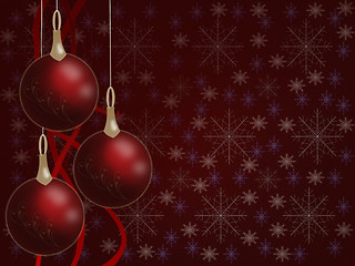 Image showing Christmas balls hanging with tapes on red background with snowflakes