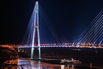 Image showing night view of the longest cable-stayed bridge in the world in th