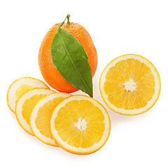 Image showing fresh ripe orange fruits with cut and green leaves isolated on w