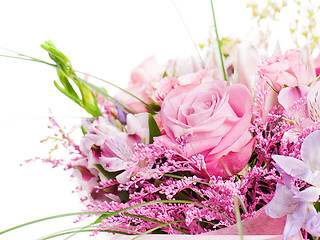 Image showing fragment of colorful bouquet of roses, cloves, orchids and frees