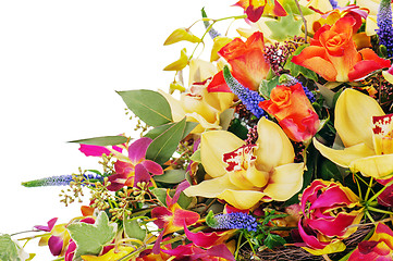 Image showing fragment of colorful floral bouquet of roses, cloves and orchids