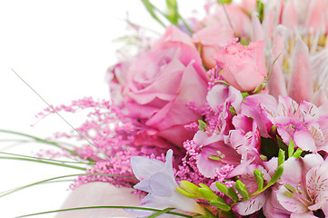 Image showing fragment of colorful bouquet of roses, cloves, orchids and frees