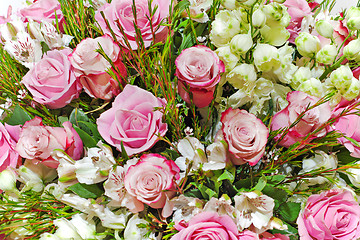 Image showing colorful floral bouquet of roses, lilies and orchids arrangement